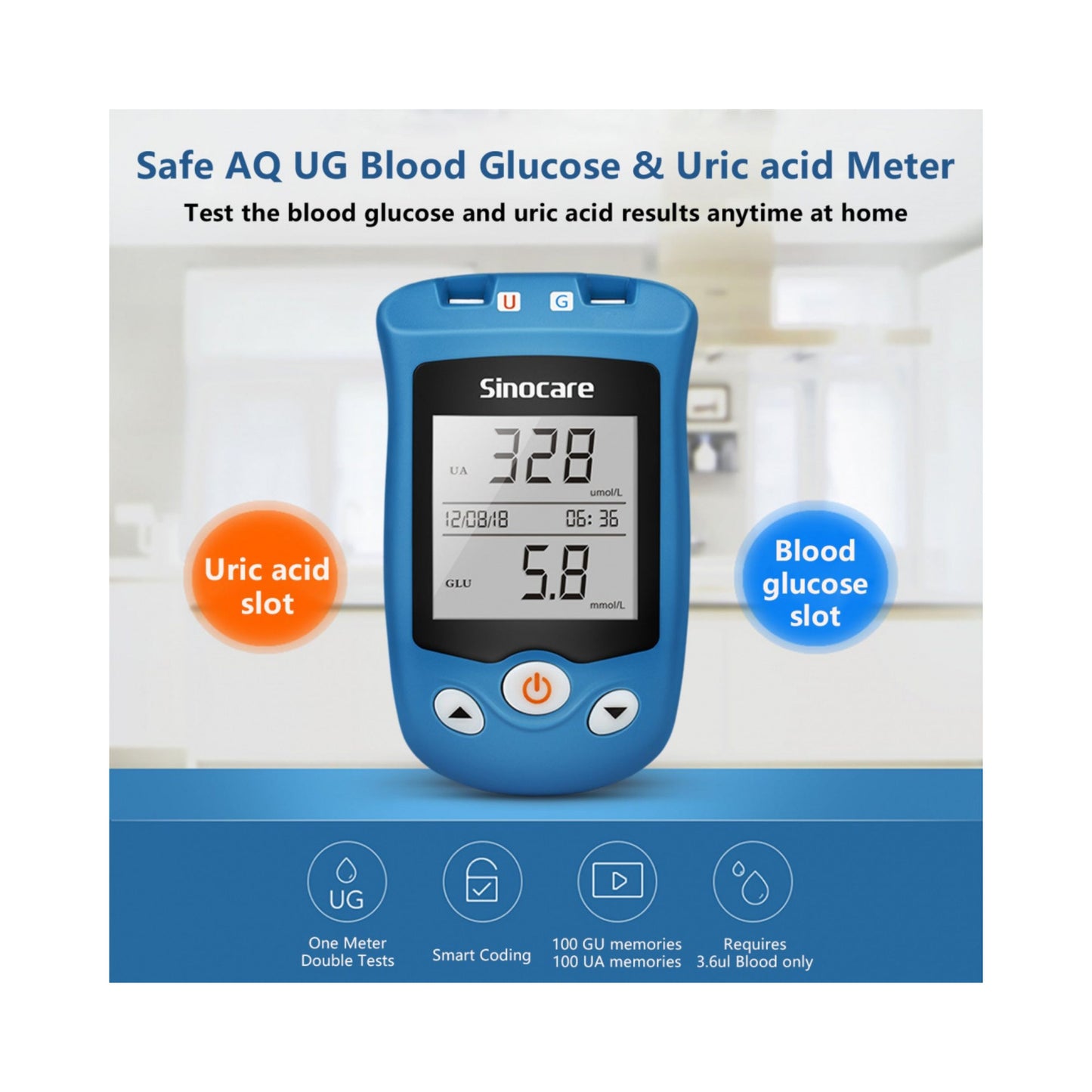 Sinocare Blood Glucose Uric Acid Meter with Advanced tes& Strips Lancet Safe AQ UG for Multifunctions - Bundle