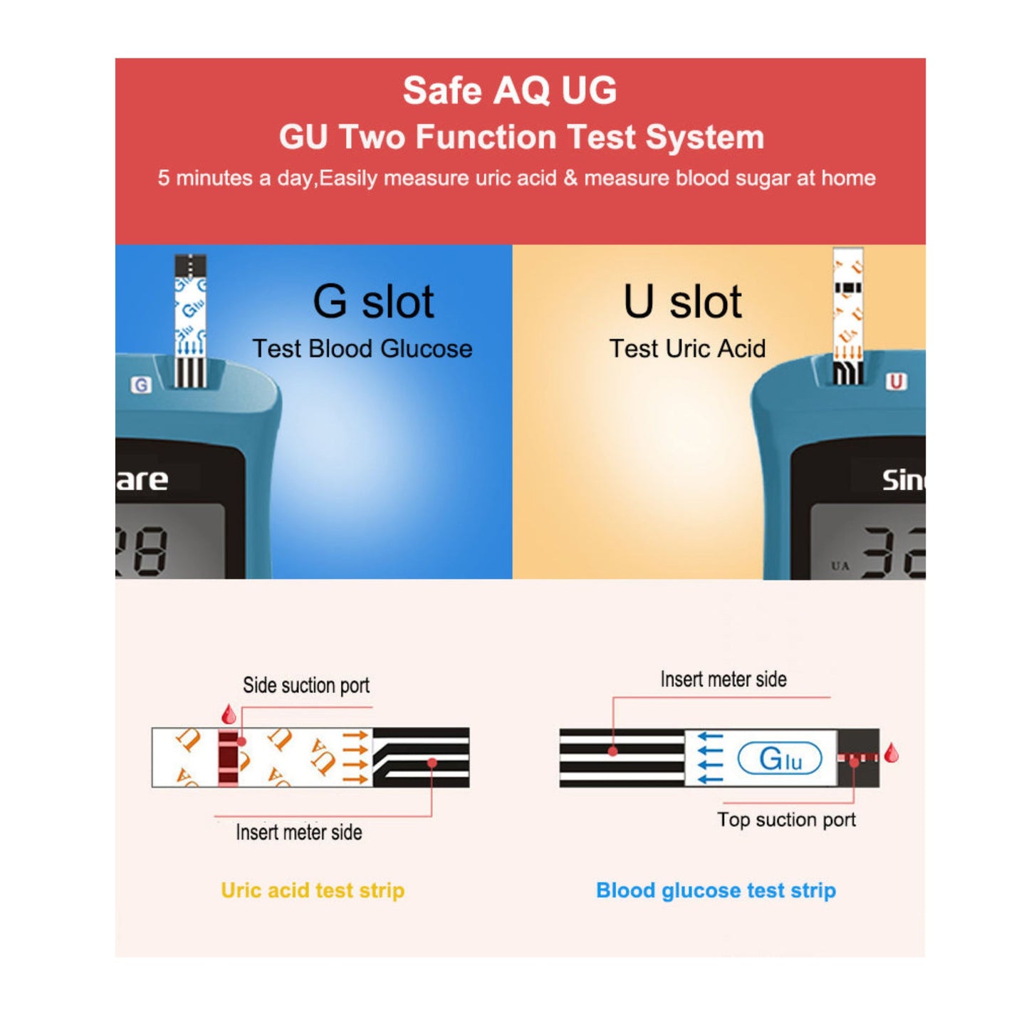 Sinocare Blood Glucose Uric Acid Meter with Advanced tes& Strips Lancet Safe AQ UG for Multifunctions - Bundle