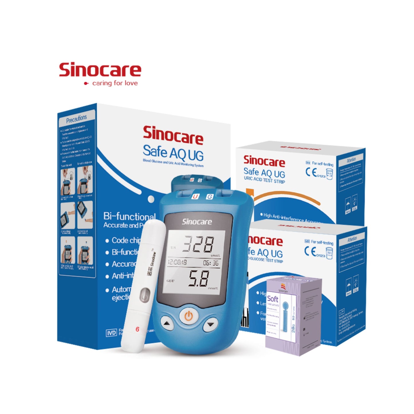 Sinocare Blood Glucose Uric Acid Meter with Advanced tes& Strips Lancet Safe AQ UG for Multifunctions - Bundle