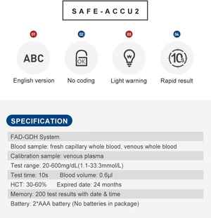 SINOCARE Safe Accu 2 Blood Glucose Monitoring System With 50 tes& Strips and Lancets