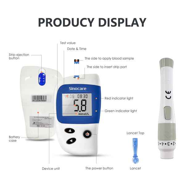 SINOCARE Safe Accu 2 Blood Glucose Monitoring System With 50 tes& Strips and Lancets